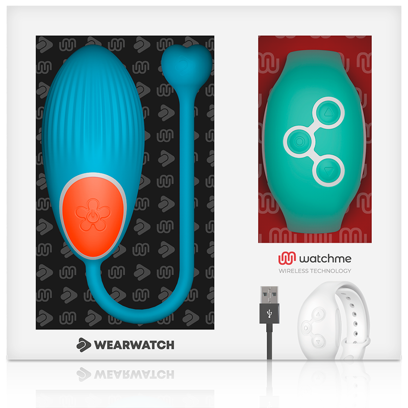 Coffret Wearwatch presentant l'oeuf vibrant bleu en silicone avec la montre telecommande vert d'eau et le cable USB, technologie Watchme rechargeable a distance.
