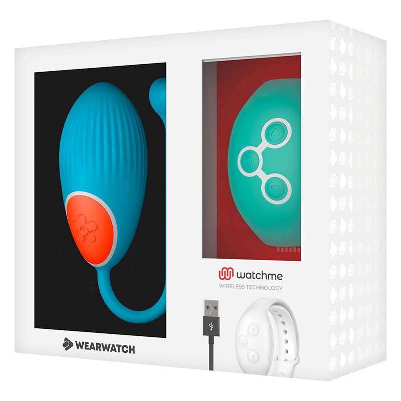 Boite Wearwatch montrant l'oeuf vibrant bleu texture en silicone et la montre telecommande vert d'eau, ensemble Watchme sans fil pour stimulation discrete.