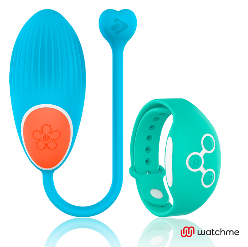 Oeuf vibrant Wearwatch bleu en silicone a cordelette coeur, presente pres de la montre telecommande vert d'eau, duo Watchme connecte pour jeux en couple.