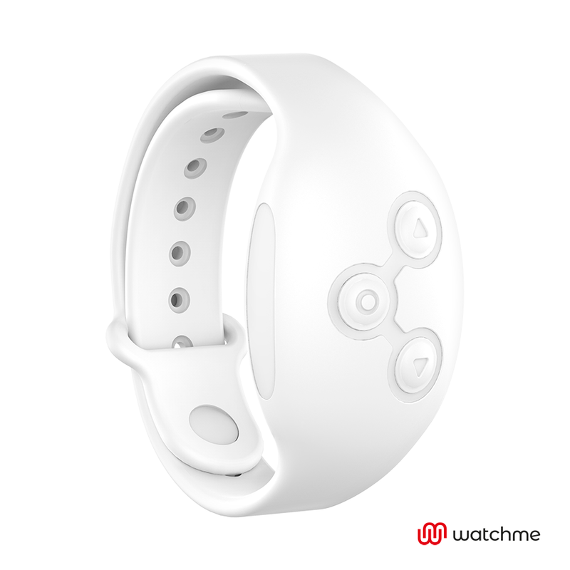 Bracelet montre telecommande blanc vu de face, boitier rond aux trois cercles avec boutons fleches, accessoire de pilotage de l oeuf vibrant en silicone medical