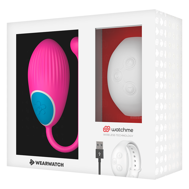 Boite vitrine Wearwatch presentant l oeuf vibrant fuchsia en silicone medical et sa montre telecommande blanche, cable USB, pilotage discret d un geste au poignet