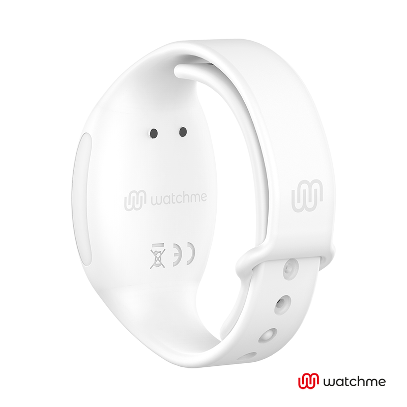 Bracelet montre blanc vu de dos avec pictogrammes de charge et entretien, telecommande connectee de l oeuf vibrant Wearwatch pilotable au poignet