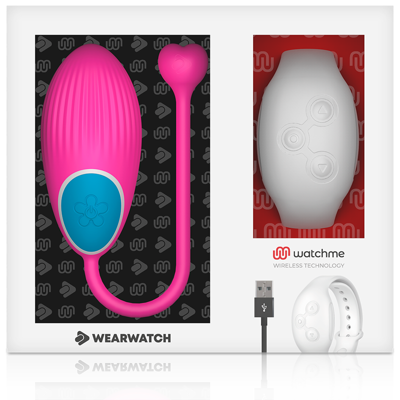 Boite vitrine Wearwatch montrant l oeuf vibrant fuchsia en silicone medical a cordon en coeur et sa montre telecommande blanche, cable USB, controle au poignet