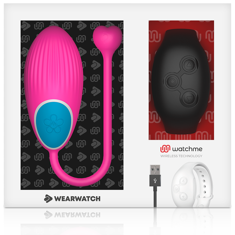 Boite vitrine Wearwatch presentant l oeuf vibrant fuchsia en silicone medical et sa montre telecommande noire, cable USB, pilotage discret au poignet