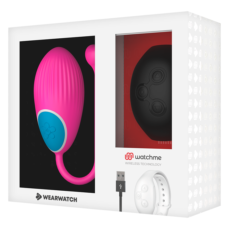 Boite vitrine Wearwatch montrant l oeuf vibrant fuchsia en silicone medical a cordon et sa montre telecommande blanche, cable USB, controle sans fil au poignet