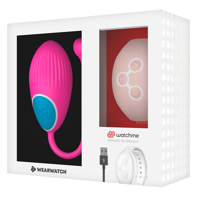 Coffret Wearwatch presentant l'oeuf vibrant rose fuchsia texture aux cotes de la montre telecommande blanche, technologie Watchme sans fil pour stimulation a distance.