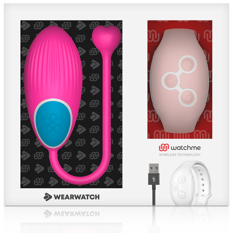 Boite Wearwatch montrant de profil l'oeuf vibrant rose en silicone avec sa cordelette de recuperation et la montre connectee blanche pilotant les vibrations a distance.