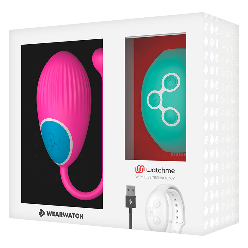 Boite vitrine Wearwatch presentant l oeuf vibrant fuchsia en silicone medical et sa montre telecommande verte, cable USB, pilotage sans fil d un geste discret