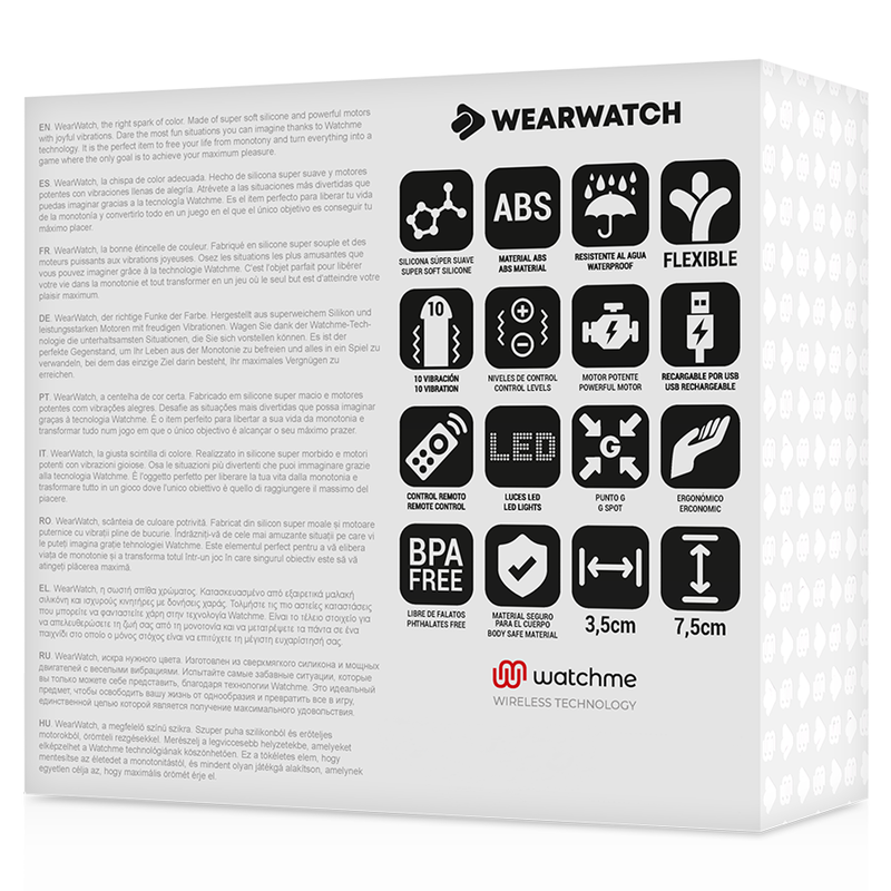 Dos de la boite Wearwatch avec pictogrammes techniques silicone, LED, etanche et dimensions 3,5 cm et 7,5 cm de l oeuf vibrant telecommande par montre
