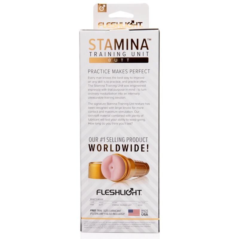 Boite du masturbateur Fleshlight Stamina Training Unit, packaging presentant l etui dore et la mention produit le plus vendu au monde