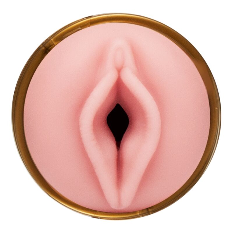 Gros plan sur l orifice vulve moule realiste du masturbateur Fleshlight Quickshot, entree rose en SuperSkin cerclee de la bague doree d entrainement
