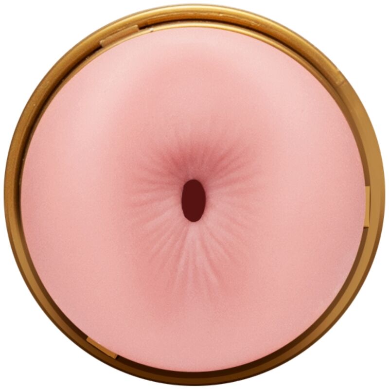 Vue de face de l orifice anal moule realiste du Quickshot Fleshlight, entree rose en SuperSkin et bague doree de l etui d entrainement a l endurance