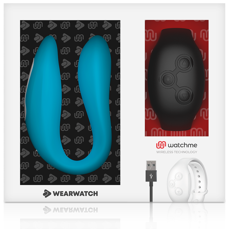Coffret ouvert du vibrateur couple Watchme bleu en silicone presente avec son bracelet montre noir et cable USB, double technologie de stimulation indigo