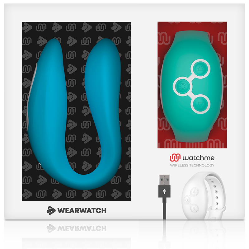 Boite vitrine Wearwatch presentant le vibrateur couple bleu en silicone et sa montre telecommande verte, cable USB, double technologie de controle a distance