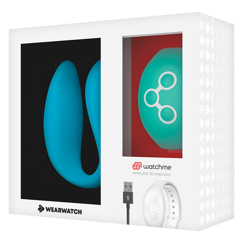 Boite vitrine Wearwatch Watchme avec vibrateur couple bleu en U et montre telecommande vert d eau, cable de charge inclus, controle sans fil pour couple