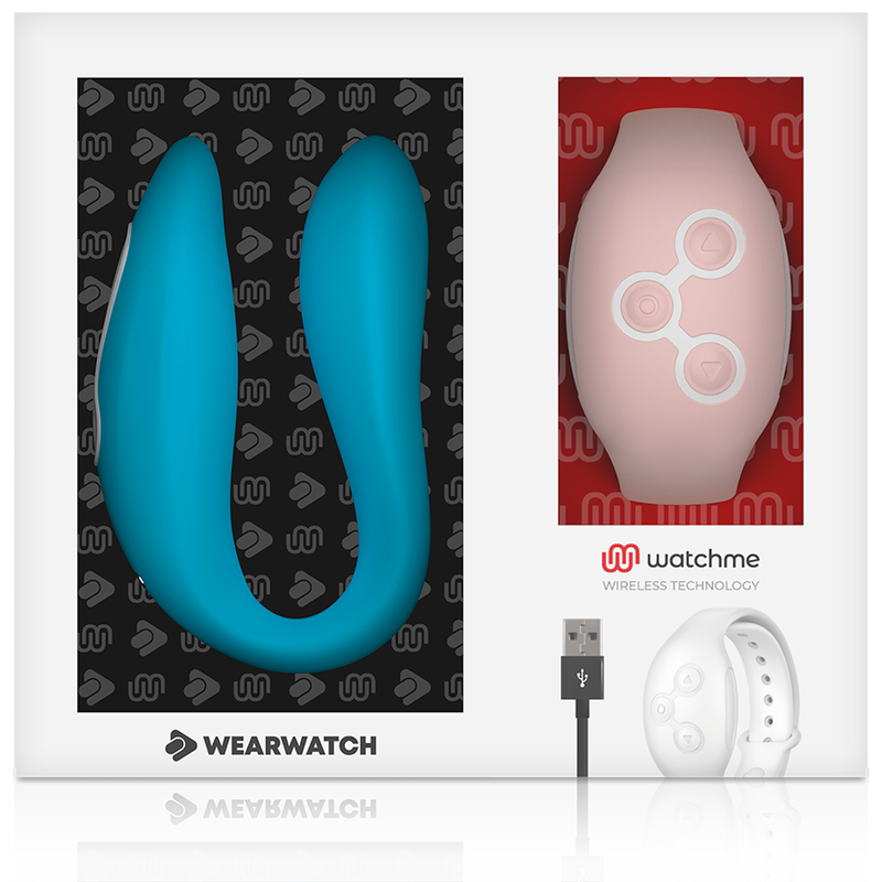 Coffret du vibrateur couple Watchme bleu en silicone presente avec sa montre telecommande rose et cable USB, double controle par montre intelligente incluse