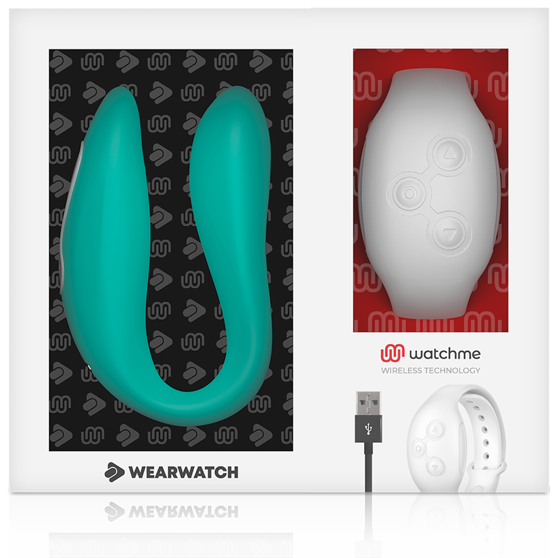 Boite vitrine Wearwatch Watchme avec vibrateur couple vert d eau en U et montre telecommande blanche, cable de charge USB, double technologie pour couple