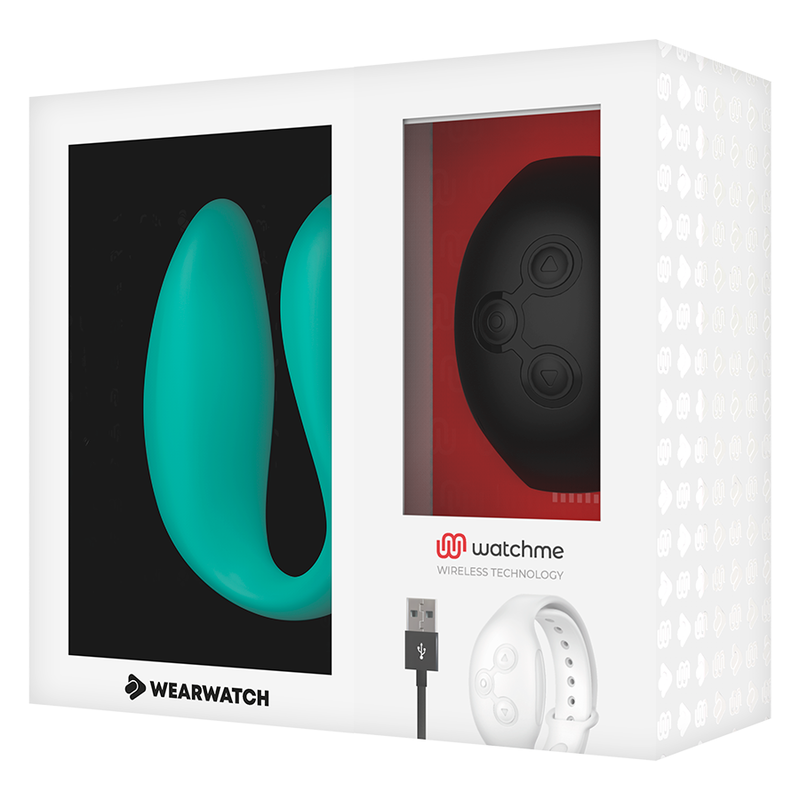 Boite vitrine Wearwatch montrant le vibrateur couple vert d eau en silicone et sa montre telecommande noire, cable USB, controle sans fil pour le couple