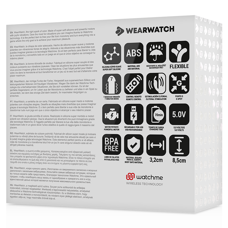 Dos de boite Wearwatch Watchme aigue-marine avec pictogrammes : ABS, silicone, etanche, charge 5.0V et dimensions du vibrateur couple double technologie