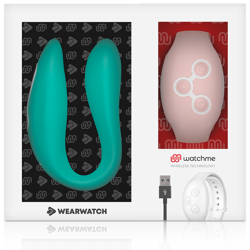 Coffret du vibrateur couple Watchme vert d eau en silicone presente avec sa montre telecommande blanche et cable USB, double controle par montre intelligente
