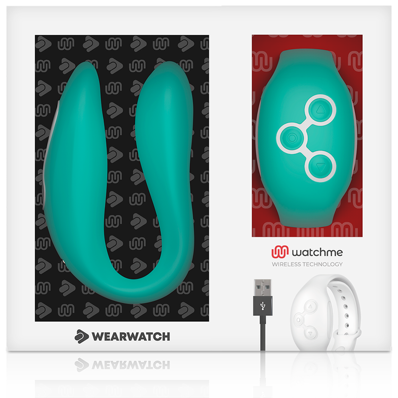 Boite vitrine Wearwatch Watchme avec vibrateur couple vert clair en U et montre telecommande verte, cable de charge USB, double technologie pour couple