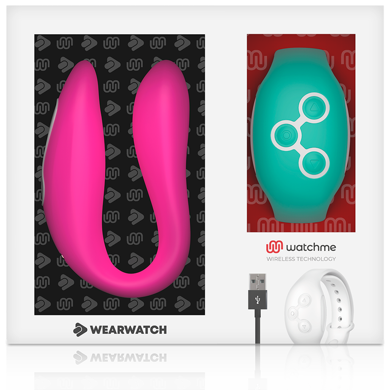 Coffret du vibrateur couple Wearwatch fuchsia en silicone presente avec sa montre telecommande verte et cable USB, technologie Watchme etanche rechargeable
