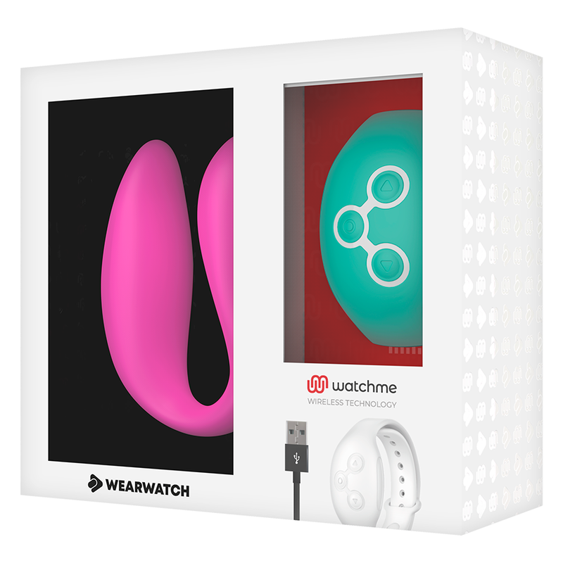 Boite vitrine Wearwatch Watchme avec vibrateur couple fuchsia en U et montre telecommande blanche, cable de charge USB, controle a distance pour le couple