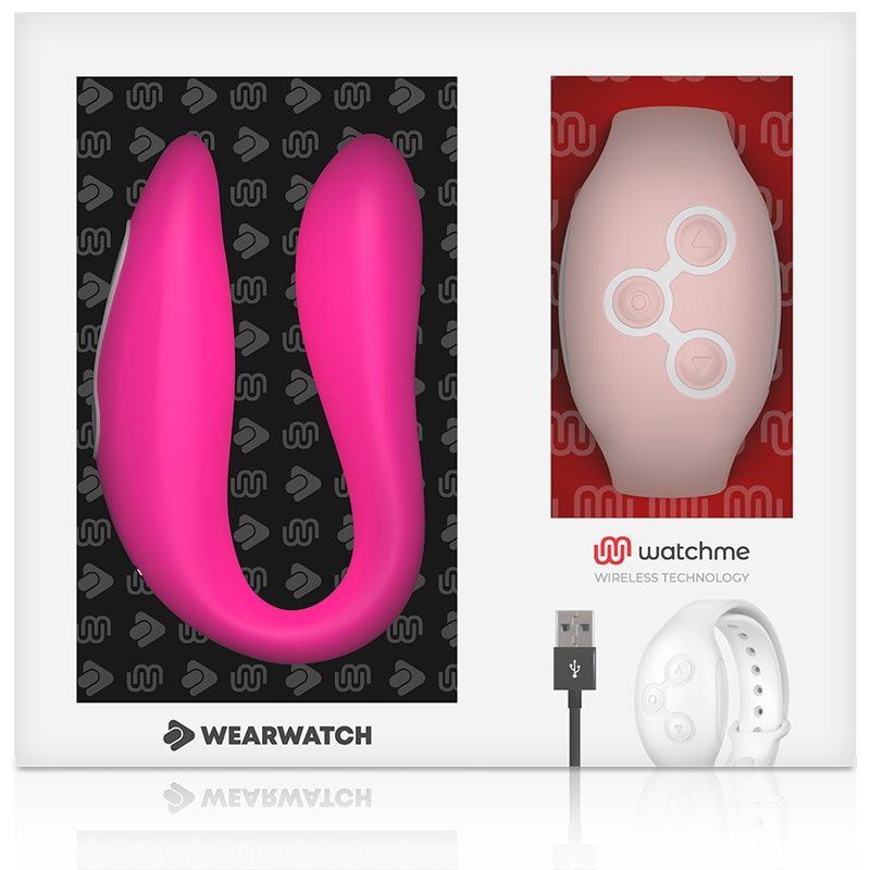 Boite vitrine Wearwatch presentant le vibrateur couple fuchsia en silicone et sa montre telecommande rose, cable USB, double technologie de controle a distance