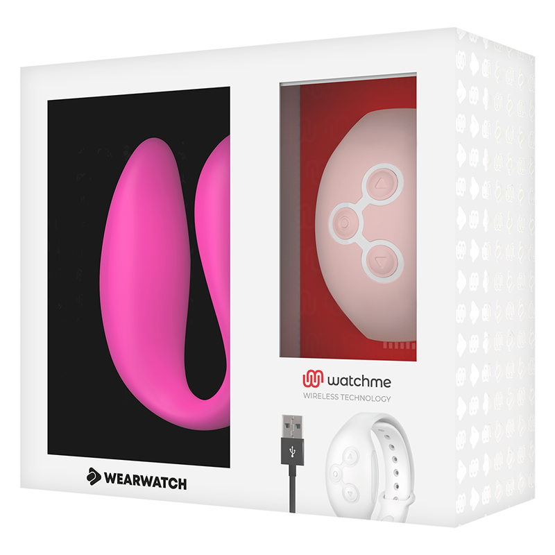 Boite vitrine Wearwatch Watchme avec vibrateur couple fuchsia en U et montre telecommande blanche, cable de charge USB inclus, controle sans fil pour couple