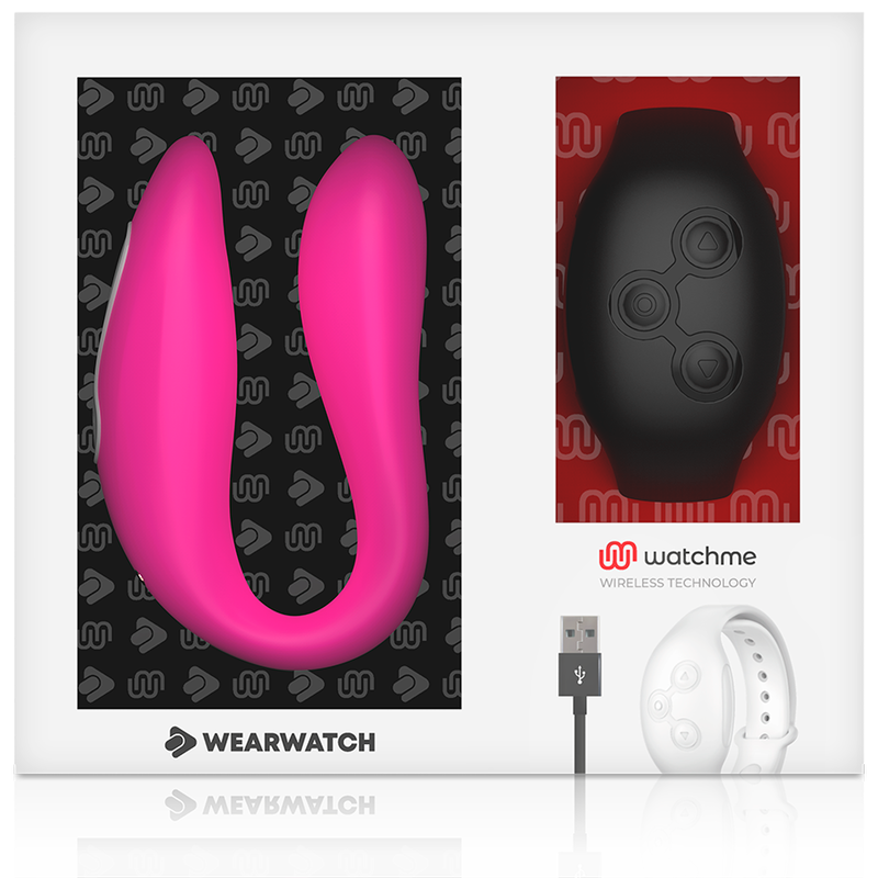 Boite vitrine Wearwatch presentant le vibromasseur connecte couple fuchsia en silicone et sa montre telecommande blanche, cable USB, pilotage par application
