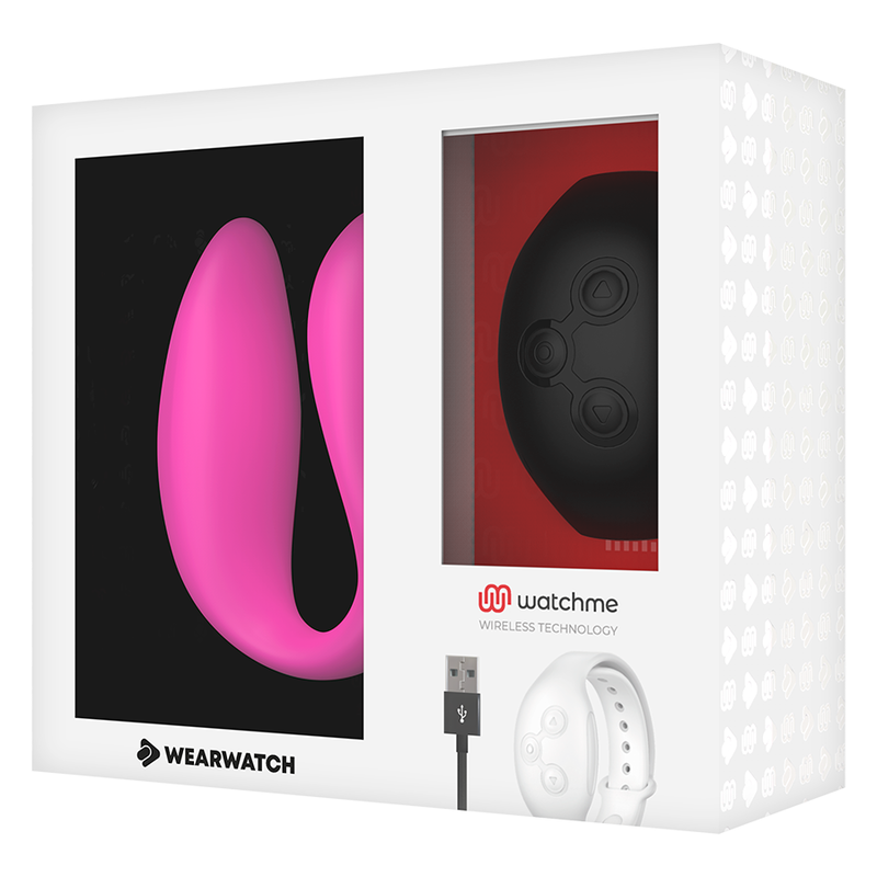 Boite vitrine Wearwatch Watchme avec vibromasseur connecte couple fuchsia en U et montre telecommande noire, cable de charge USB, controle par application mobile