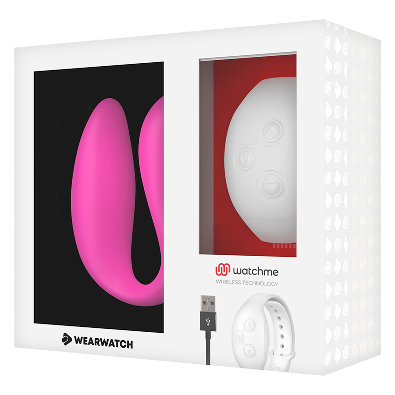Boite vitrine Wearwatch presentant le vibrateur couple fuchsia en silicone et sa montre telecommande blanche, cable USB, double technologie de controle a distance