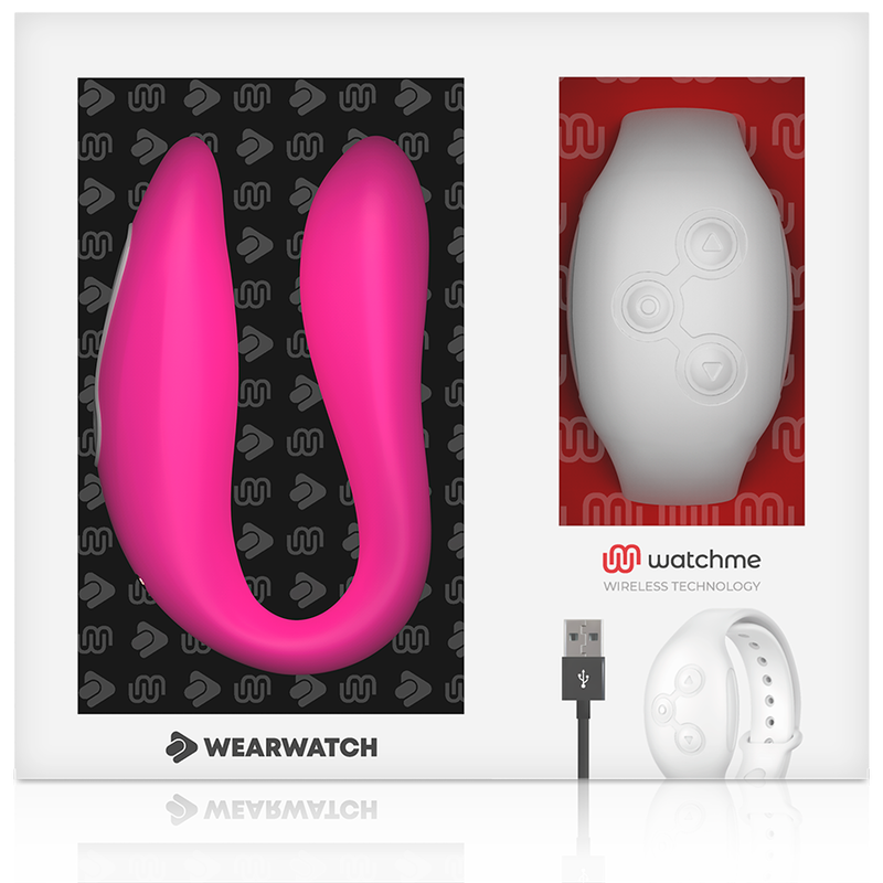 Boite vitrine Wearwatch Watchme avec vibrateur couple fuchsia en forme de U et montre telecommande blanche, cable de charge USB, controle sans fil pour couple
