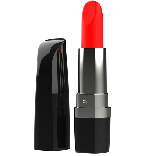 Mini vibromasseur Lippsy en forme de rouge a levres rouge et noir, etui ouvert a cote ; sextoy discret en silicone, dix modes vibratoires, ideal pour la stimulation clitoridienne