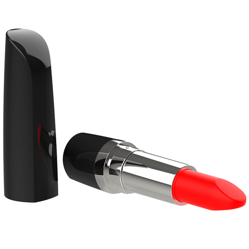 Mini vibromasseur Lippsy deguise en rouge a levres, capuchon noir retire revelant le baton rouge ; gadget discret en silicone Intense, dix modes, parfait a glisser dans un sac