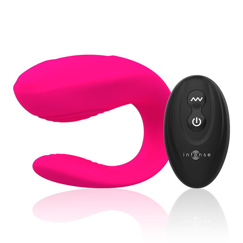 Vibromasseur de couple Bruno en U silicone rose, deux branches flexibles et telecommande noire Intense, concu pour rester en place pendant la penetration.
