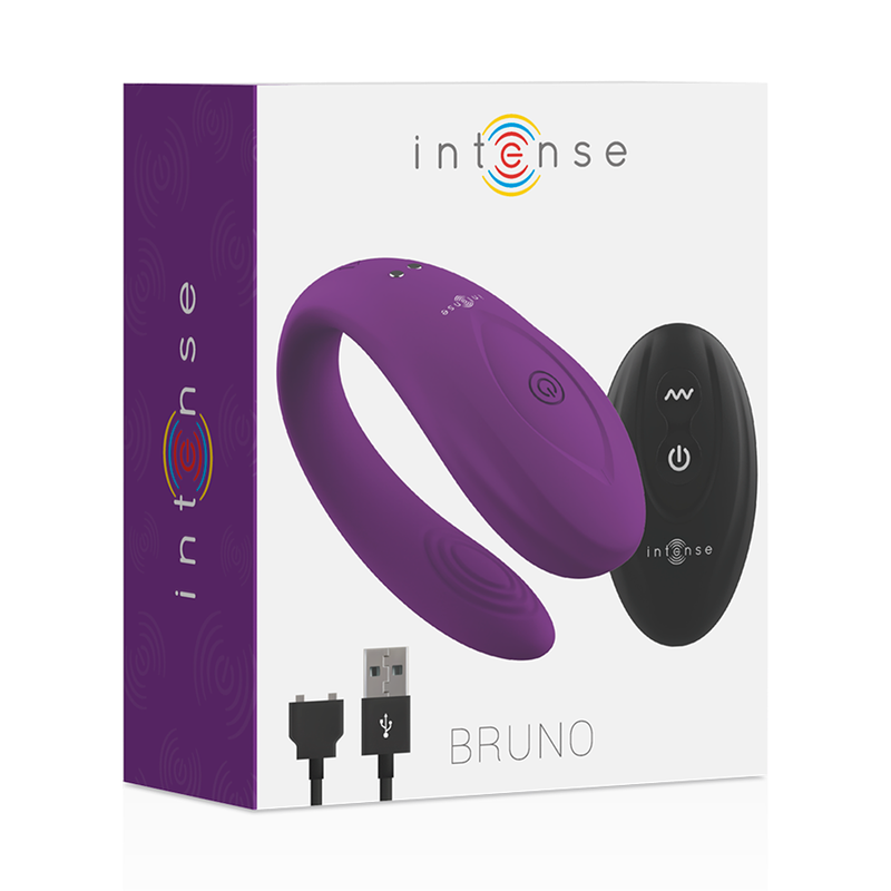 Boite Intense Bruno violette presentant le vibromasseur de couple en U et sa telecommande, cable USB de recharge, packaging produit sur fond blanc.