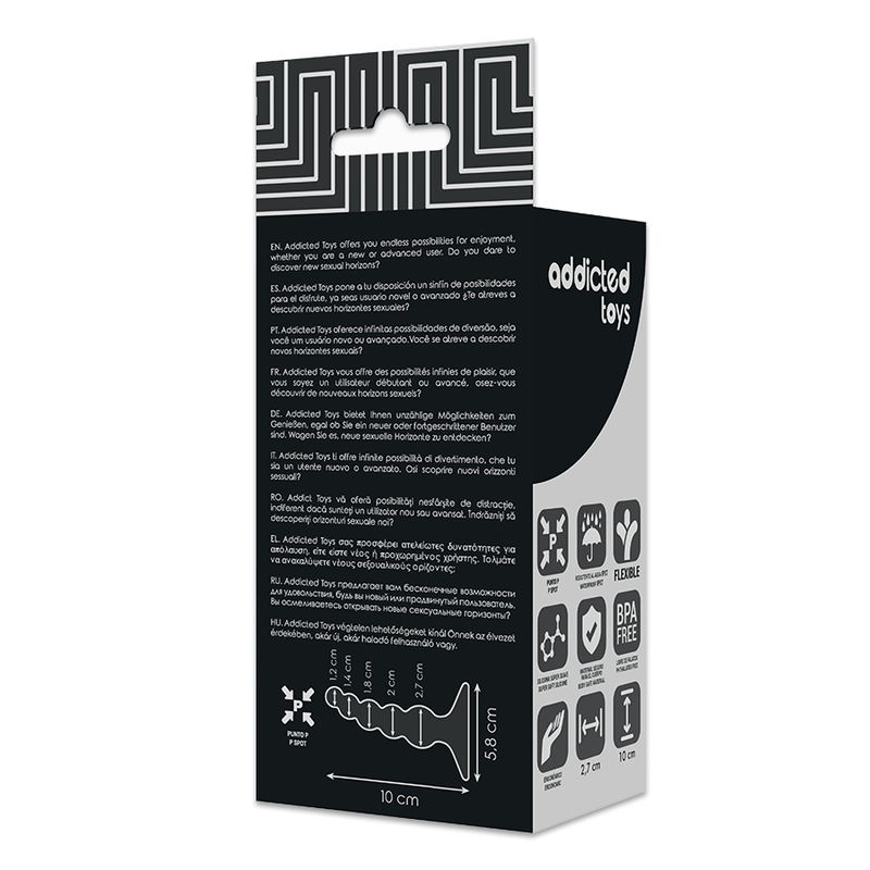 Dos de la boite Addicted Toys du plug a billes, schema technique 10 cm et pictogrammes, emballage discret du chapelet anal silicone sur ventouse.