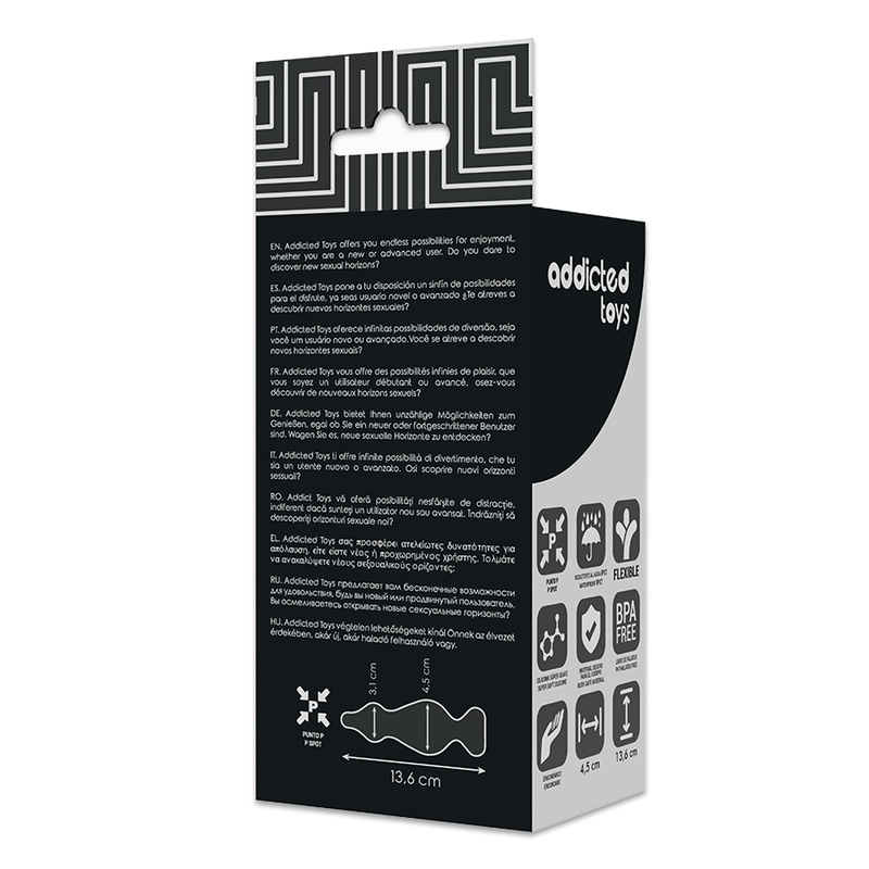 Dos de la boite Addicted Toys du plug a bulbes, schema technique 13,6 cm et pictogrammes, emballage noir discret du modele silicone progressif.