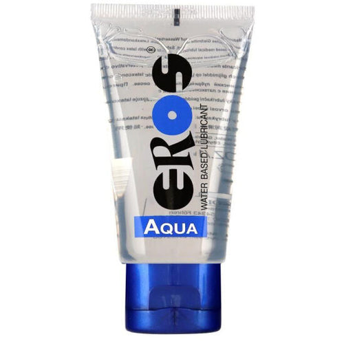 Tube transparent Eros Aqua base eau a capuchon bleu, lubrifiant base eau, format nomade, glisse fraiche longue duree compatible preservatifs latex