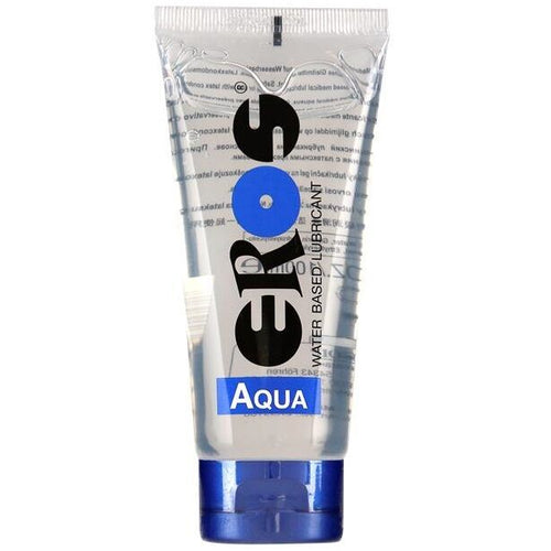 Tube clair Eros Aqua lubrifiant base eau bouchon bleu, vue de face, format pratique a emporter, glisse douce et fraiche sans residu collant