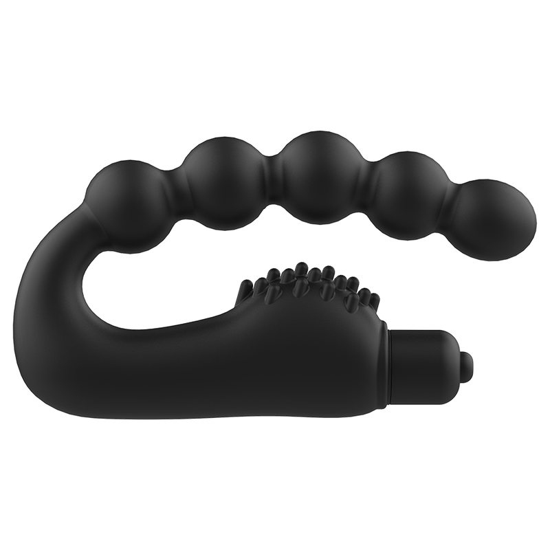 Masseur anal vibrant silicone noir Addicted a tige a billes incurvee et zone a picots, vue de trois quarts du stimulateur prostatique a bullet.