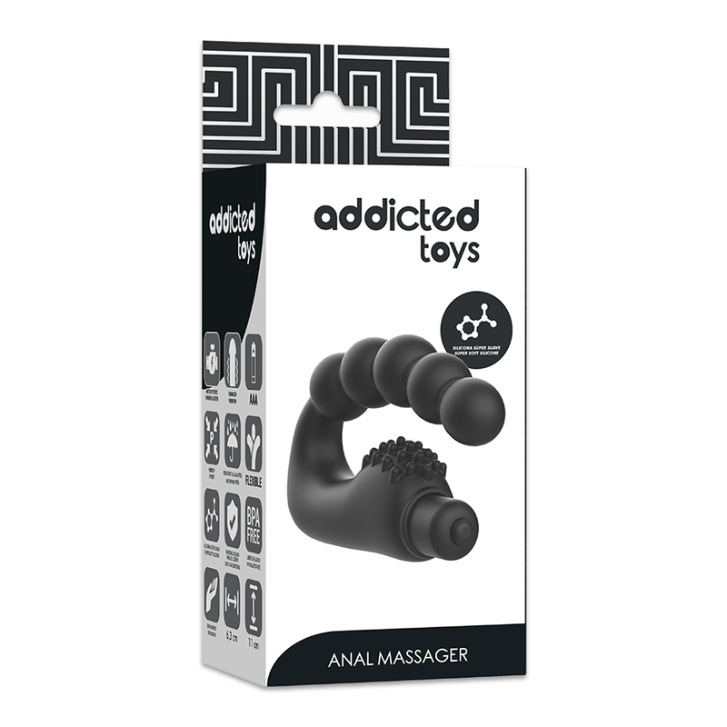 Boite Addicted Toys Anal Massager presentant le masseur silicone noir a billes et bullet vibrant, packaging blanc du stimulateur prostatique.