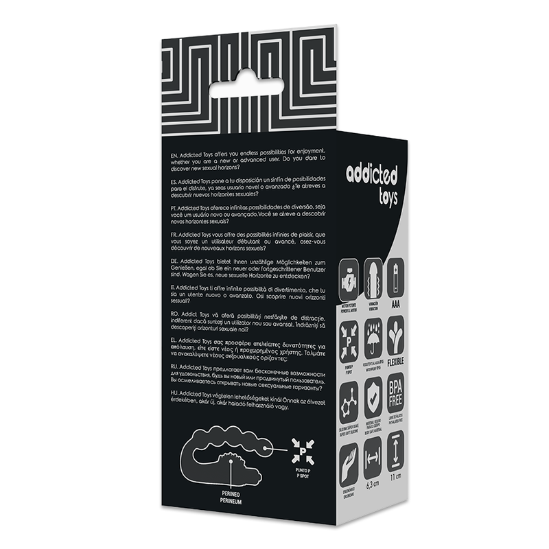 Dos de la boite Addicted Toys du masseur anal a billes, schema technique et pictogrammes, emballage noir discret du stimulateur vibrant silicone.