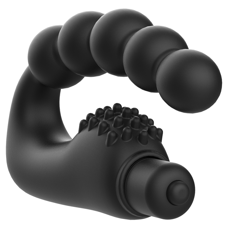 Masseur anal vibrant Addicted en silicone noir a tige a billes courbee avec picots et bullet, vue de face, stimulateur prostate et perinee.