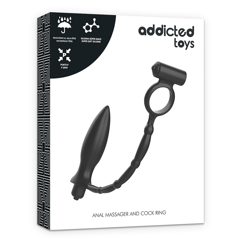 Boite Addicted Toys Anal Massager and Cock Ring presentant le plug a anneau penien silicone noir avec bullet, packaging epure du combo masculin.