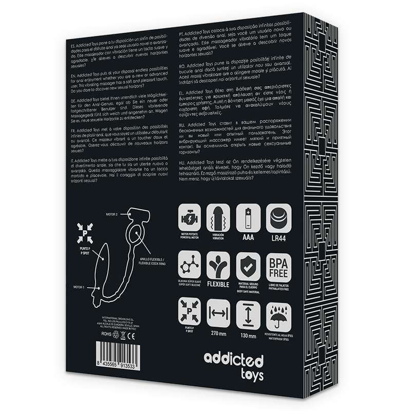 Dos de la boite Addicted Toys du combo plug et cockring, schema technique et pictogrammes piles AAA LR44, emballage noir discret du stimulateur.