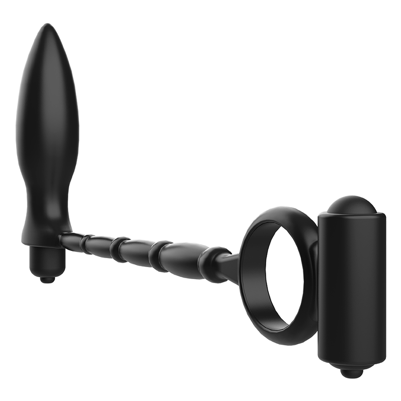 Combo Addicted plug anal effile et anneau penien silicone noir avec tige a billes et bullet vibrant lateral, vue d'ensemble du stimulateur masculin.