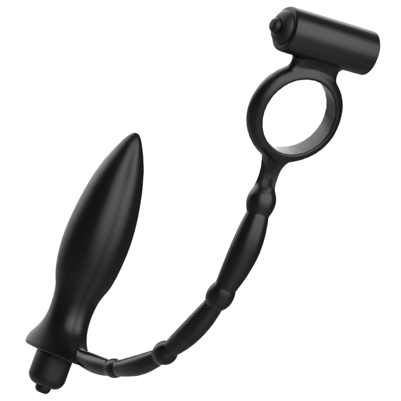 Masseur anal Addicted en silicone noir, plug effile relie a un anneau penien par une chainette a billes avec bullet vibrant, vue d'ensemble.