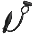 Masseur anal Addicted en silicone noir, plug effile relie a un anneau penien par une chainette a billes avec bullet vibrant, vue d'ensemble.